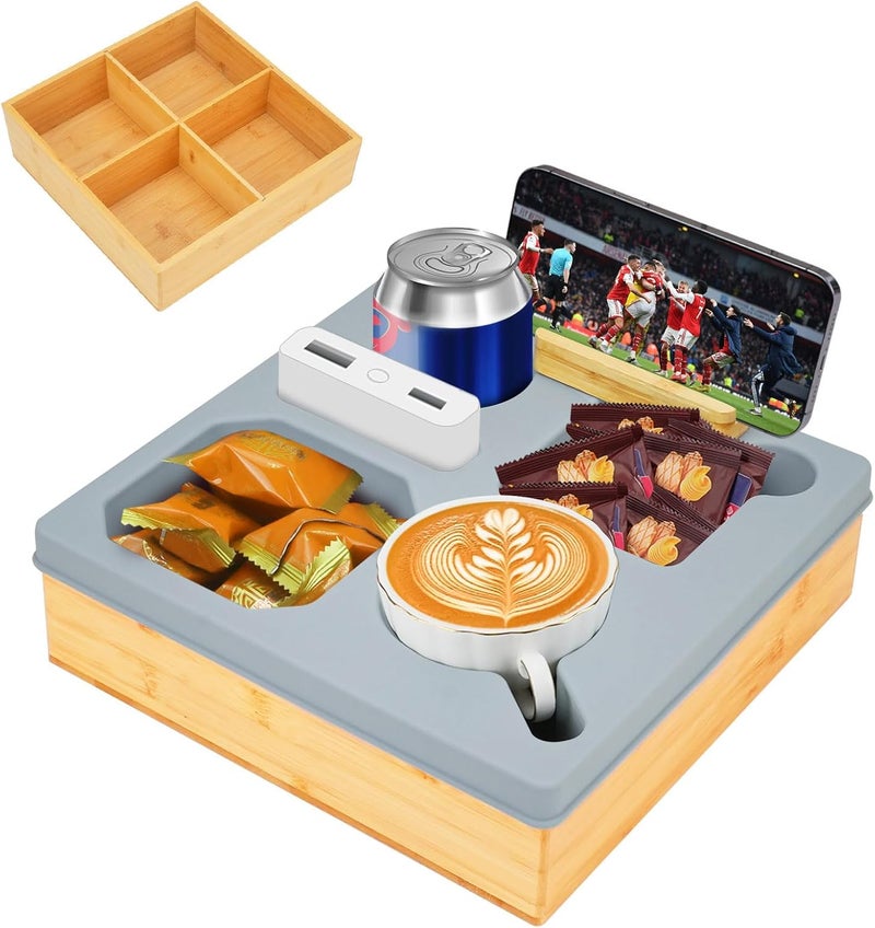 IUMLXJO 2 in 1 Couch Cup Holder Tray, Bamboo Silicone Couch Caddy Tray with Cup Holder & Phone Stand, Waterproof Anti-Spill Sofa Bed Organizer Box for Drinks, Snacks, Remote Mobile, Car Seat, RV - Image 1